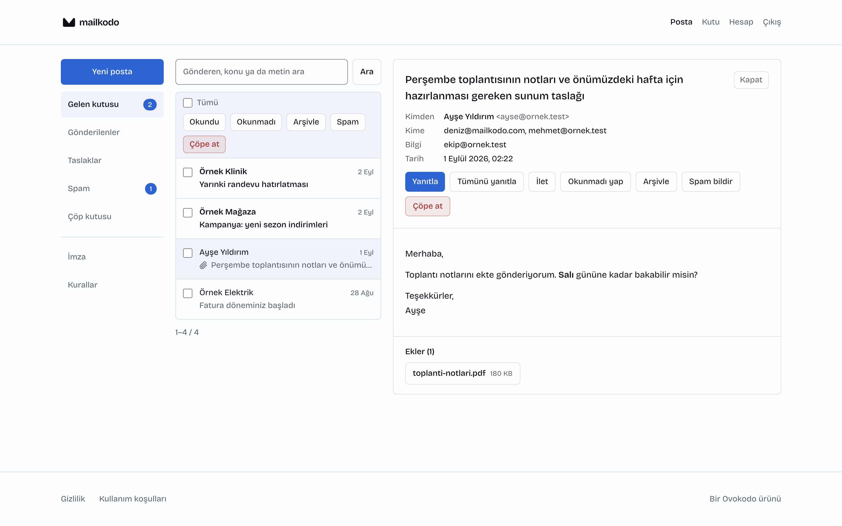 MAILKODO webmail: gelen kutusu ve açık bir posta, ekiyle